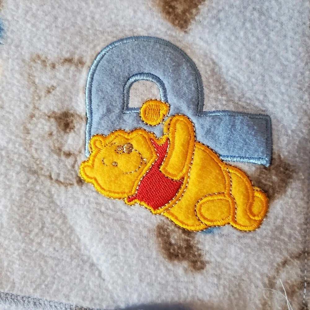 Disney Pooh Baby Blanket Blue Fleece Brown White P Appliqué Faces P O O H‎
